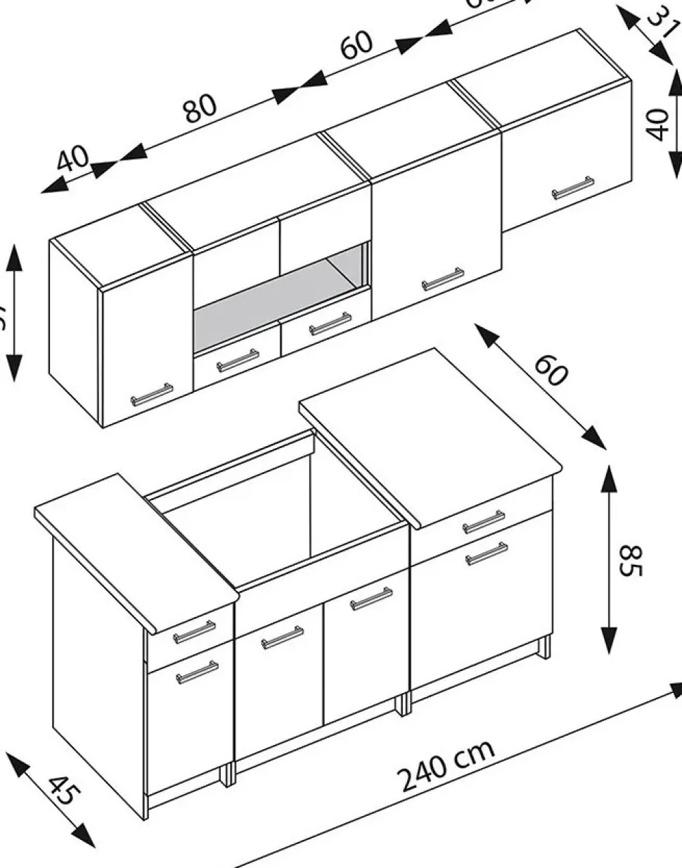 Alina komplett kök 240 cm - Artisan ek/mattsvart/mörkgrå