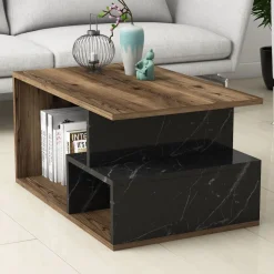 Arte soffbord 90 x 42 cm - Mörk valnöt/svart marmor + Möbeltassar