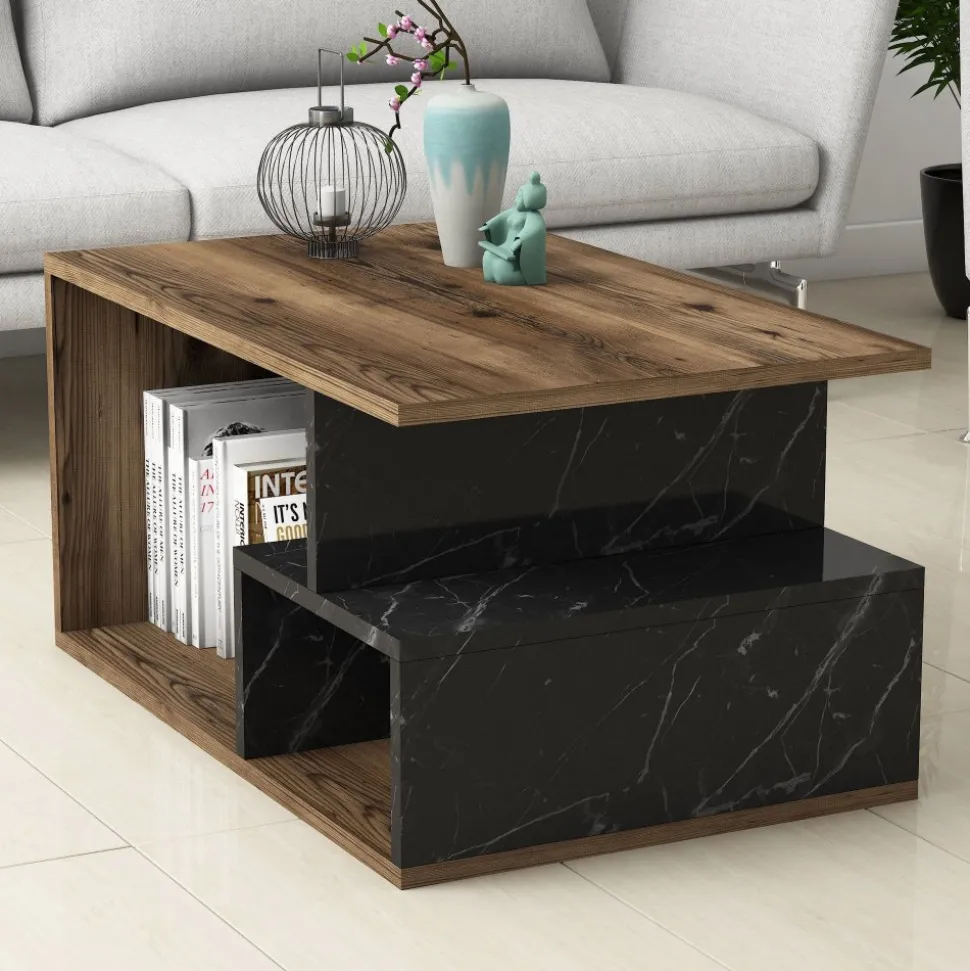 Arte soffbord 90 x 42 cm - Mörk valnöt/svart marmor + Möbeltassar