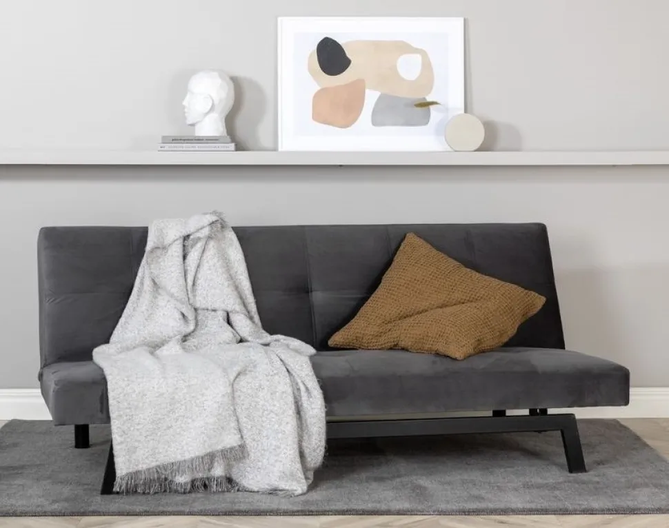 Bäddsoffa i mörkgrå sammet + Möbeltassar