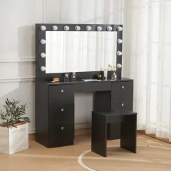 Caija svart sminkbord med belysning och kristall handtag