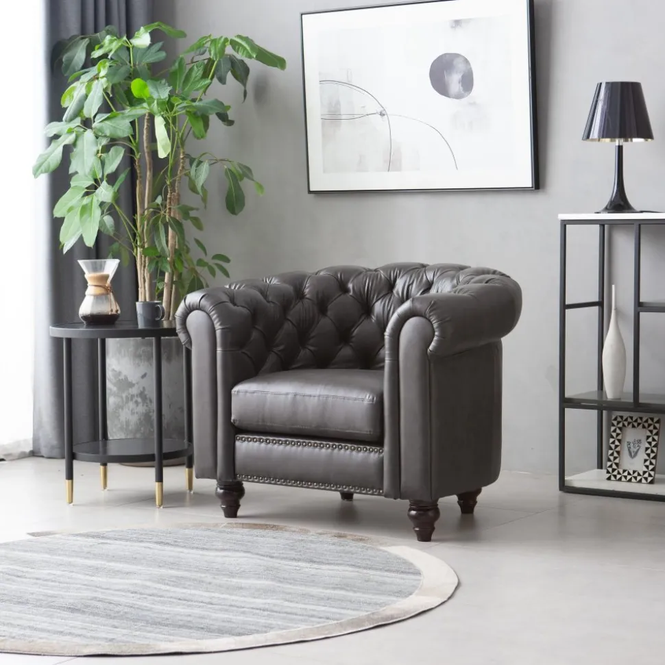 Clubfåtölj chesterfield mörkbrun PU + Textilrengöring för möbler