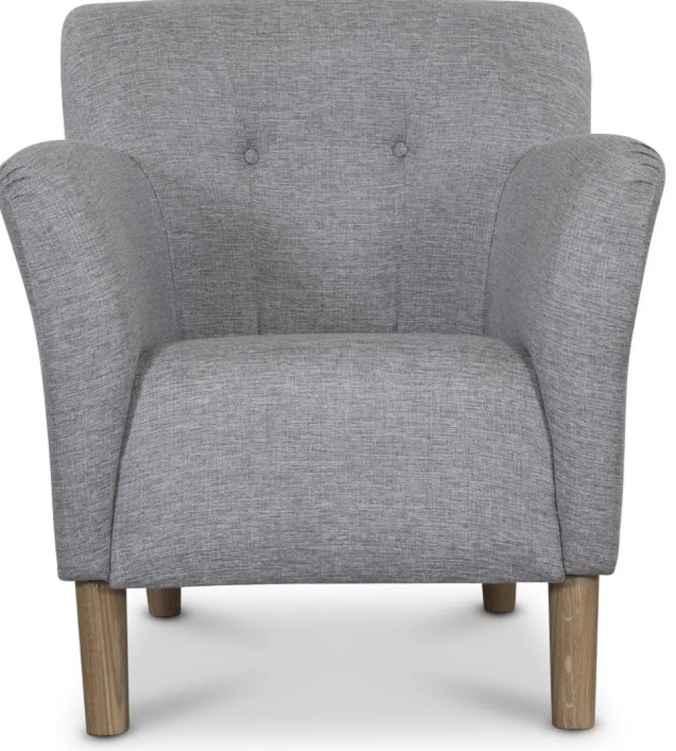 Clubfåtölj i grått tyg med ekben
