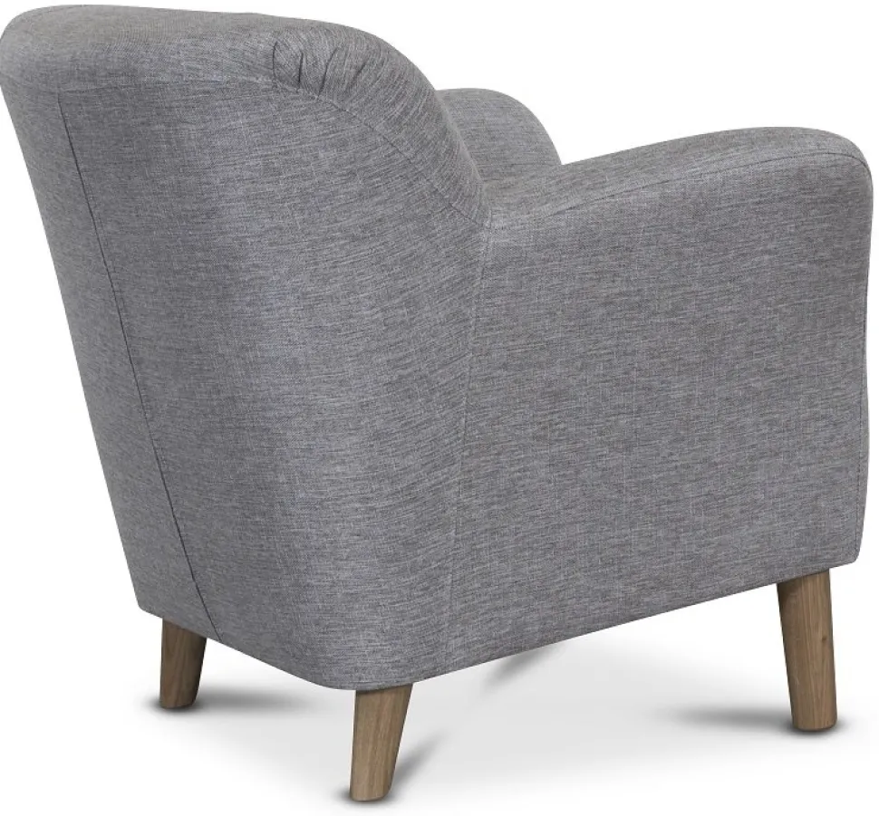 Clubfåtölj i grått tyg med ekben + Fläckborttagare för möbler