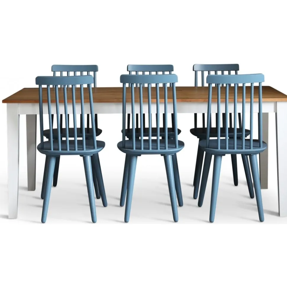 Dalsland matgrupp: Matbord i Ek / vit med 6 st duvblå Pinnstolar + 6.00 x Stolsdyna