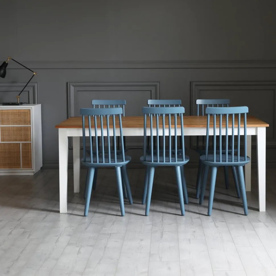 Dalsland matgrupp: Matbord i Ek / vit med 6 st duvblå Pinnstolar + 6.00 x Stolsdyna