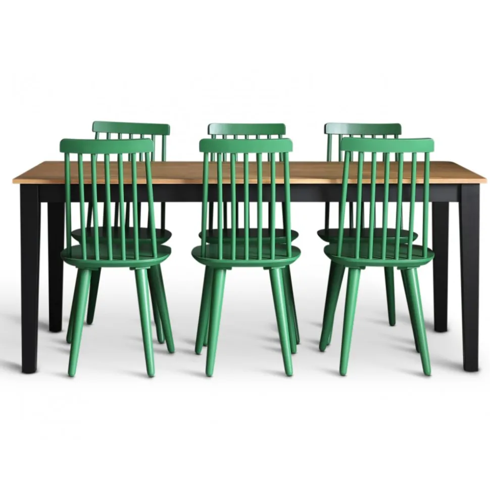 Dalsland matgrupp: Matbord i svart / ek med 6 st gröna pinnstolar