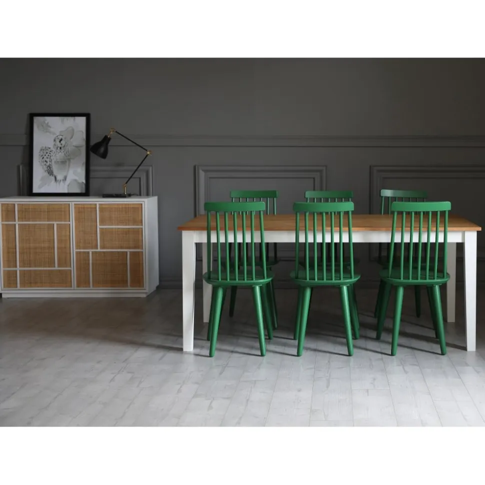 Dalsland matgrupp: Matbord i Ek / vitt med 6 st gröna Pinnstolar + 6.00 x Stolsdyna