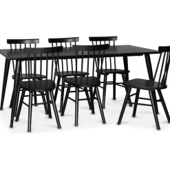 Dipp matgrupp; matbord 180x90 cm med 6 st svarta Orust pinnstolar + 4.00 x Möbeltassar