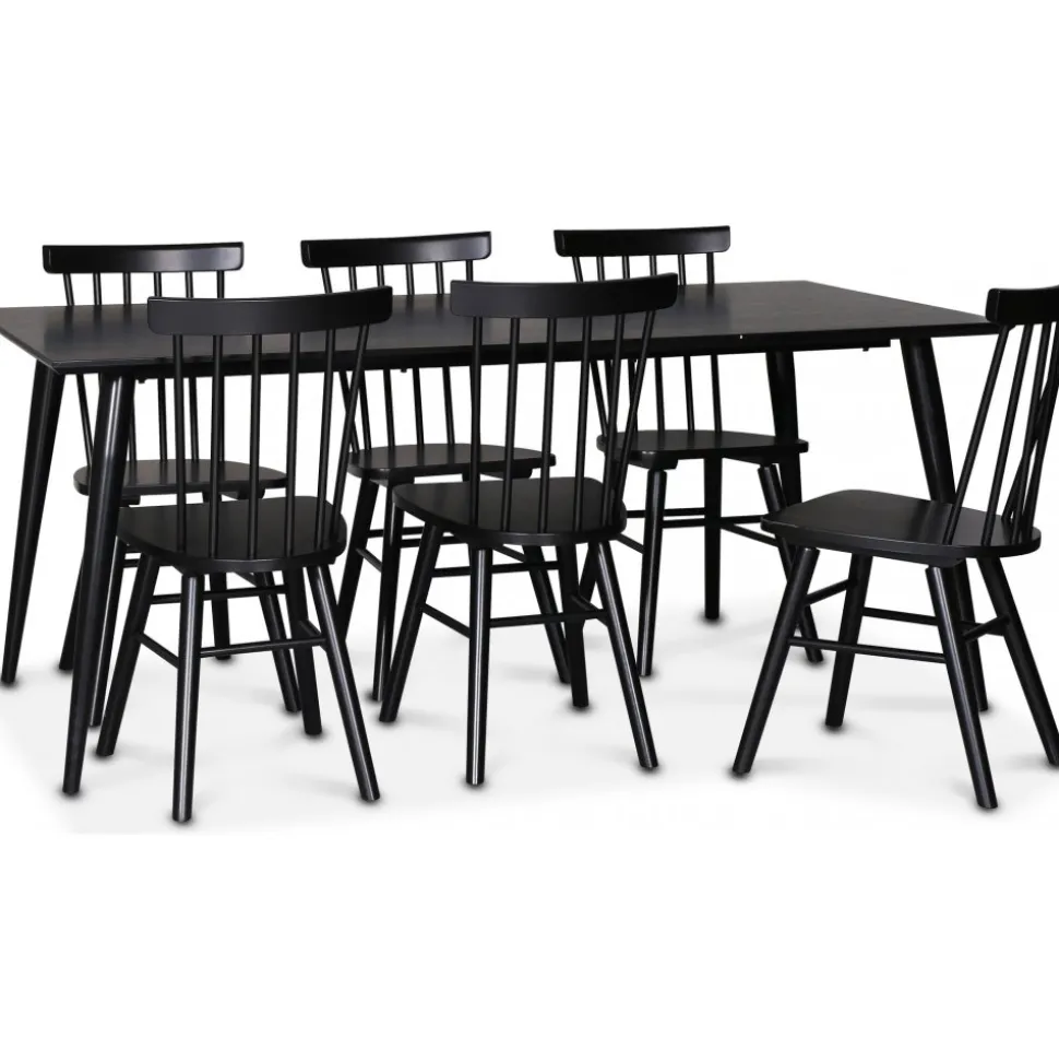 Dipp matgrupp; matbord 180x90 cm med 6 st svarta Orust pinnstolar + 4.00 x Möbeltassar