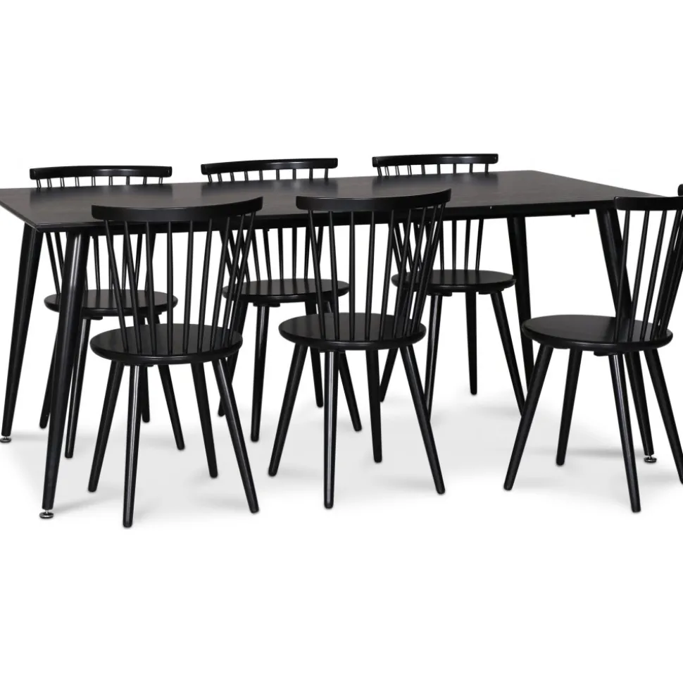 Dipp matgrupp; matbord 180x90 cm med 6 st svarta Castor pinnstolar + 6.00 x Stolsdyna