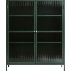 Dobb mörkgrönt metallskåp med glasdörrar