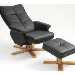 Duva reclinerfåtölj med fotpall i svart PU med bruna ben + Textilrengöring för möbler