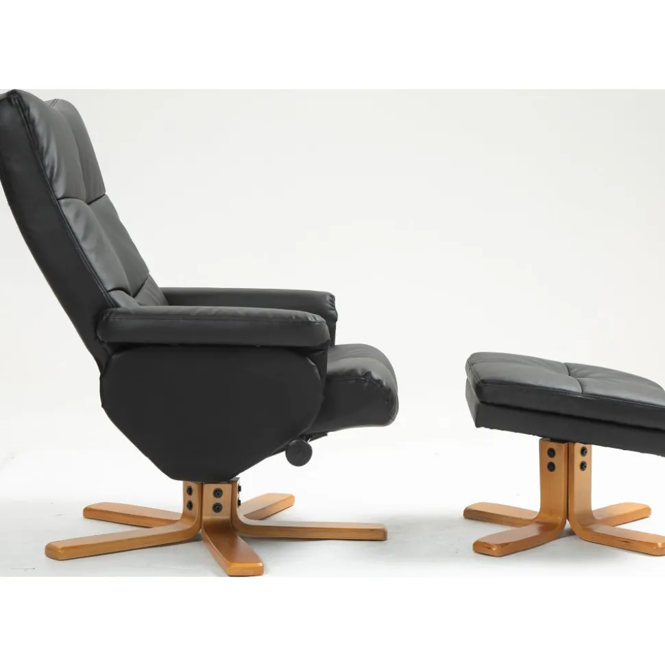 Duva reclinerfåtölj med fotpall i svart PU med bruna ben + Textilrengöring för möbler