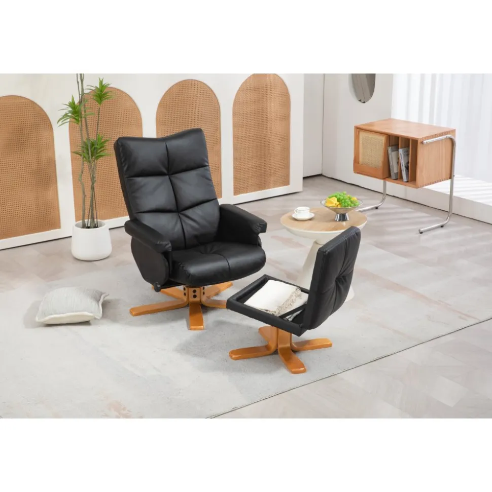 Duva reclinerfåtölj med fotpall i svart PU med bruna ben