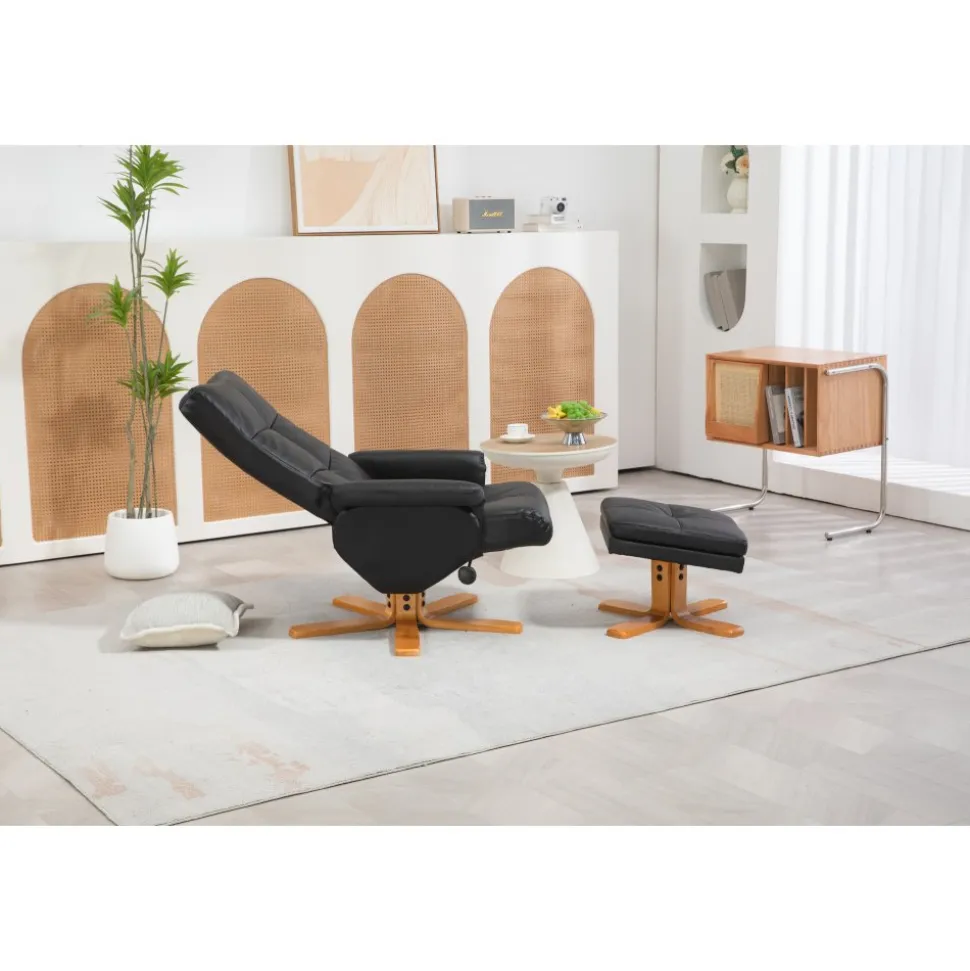 Duva reclinerfåtölj med fotpall i svart PU med bruna ben