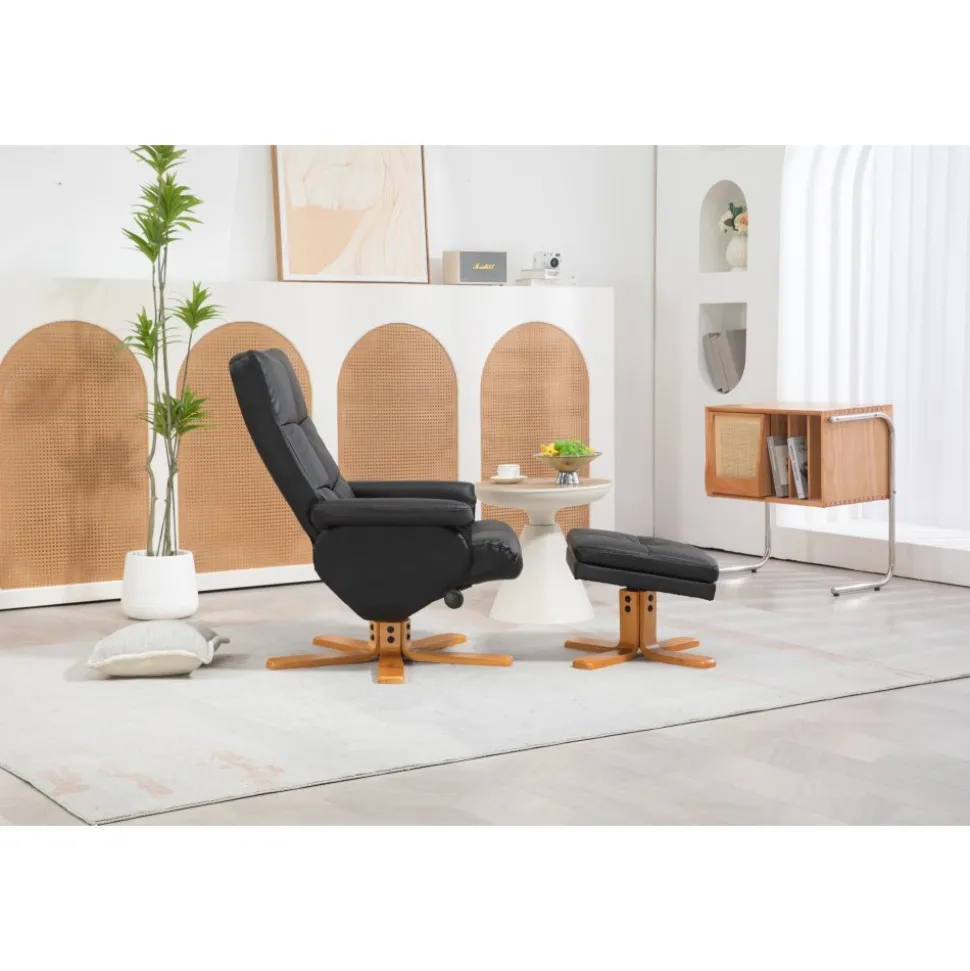 Duva reclinerfåtölj med fotpall i svart PU med bruna ben