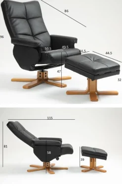 Duva reclinerfåtölj med fotpall i svart PU med bruna ben