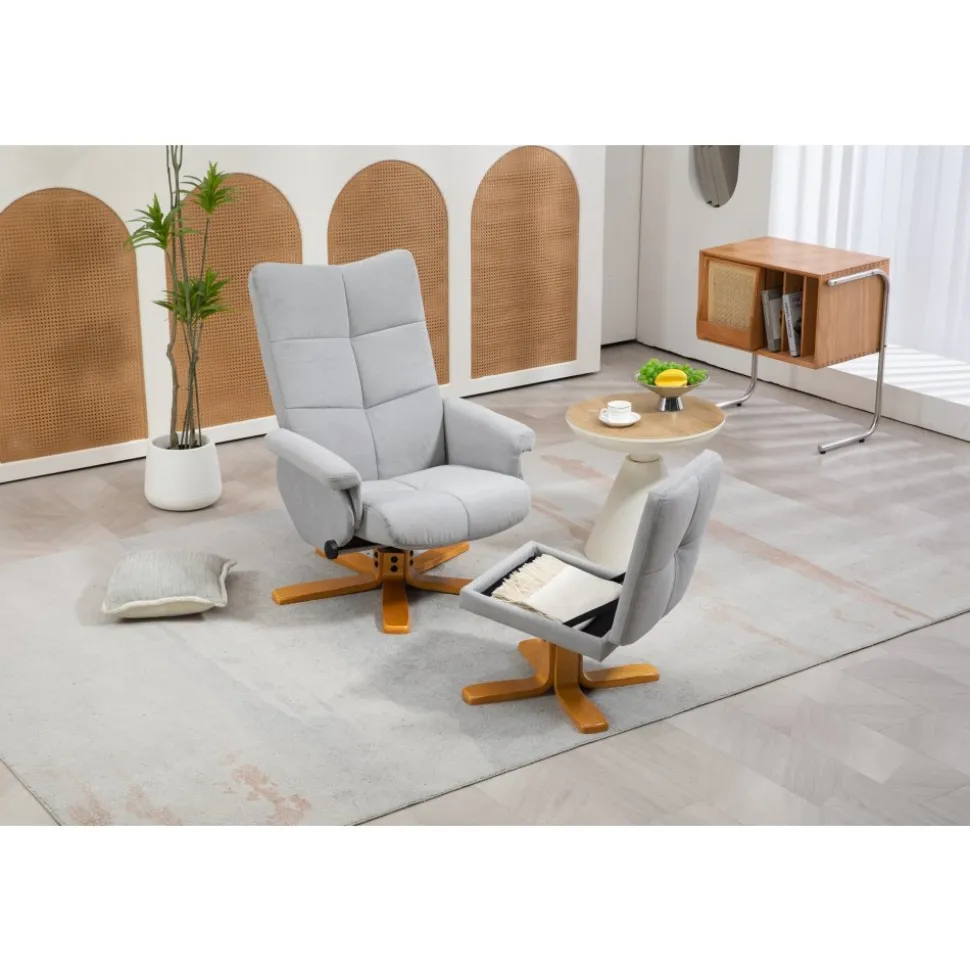 Duva ställbar fåtölj inklusive fotpall med förvaring - Grått tyg med träben