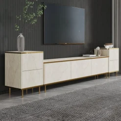 Emo TV-bänk - Travertin/guld