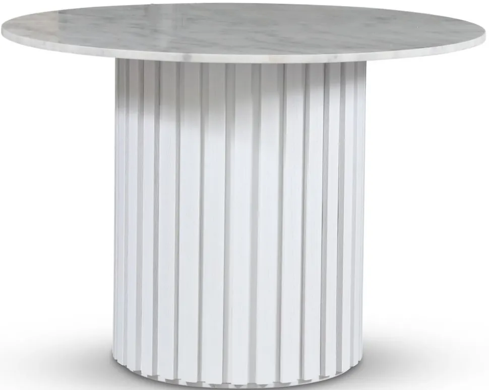 Empire matbord Ø105 cm - Ljus marmor / Vit lamell träfot
