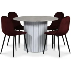 Empire matgrupp Ø105 cm inkl. 4 st Carisma bordeaux stolar - Silver Diana marmor / Vit lamell träfot