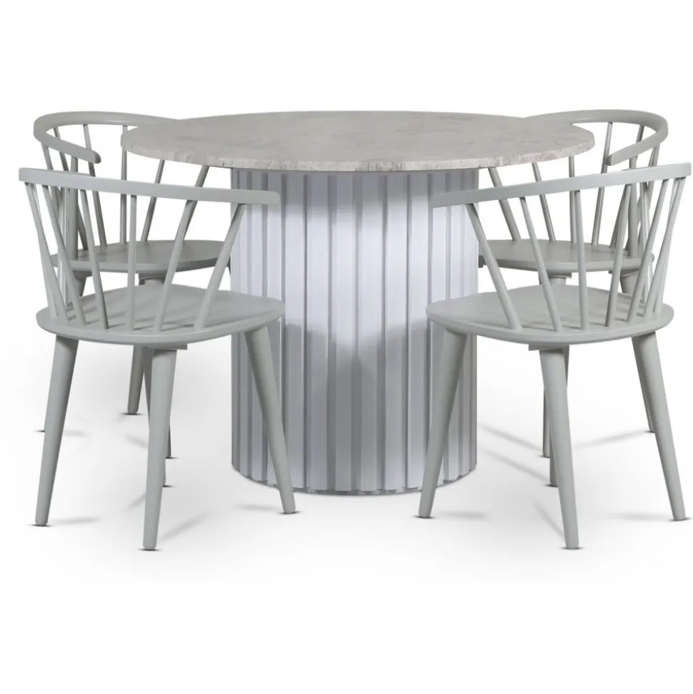 Empire matgrupp Ø105 cm inkl. 4 st Dalsland grå stolar - Silver Diana marmor / Vit lamell träfot + 3.00 x Möbeltassar