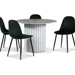 Empire matgrupp Ø105 cm inkl. 4 st Carisma mörkgröna stolar - Silver Diana marmor / Vit lamell träfot