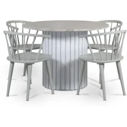Empire matgrupp Ø105 cm inkl. 4 st Dalsland grå stolar - Silver Diana marmor / Vit lamell träfot