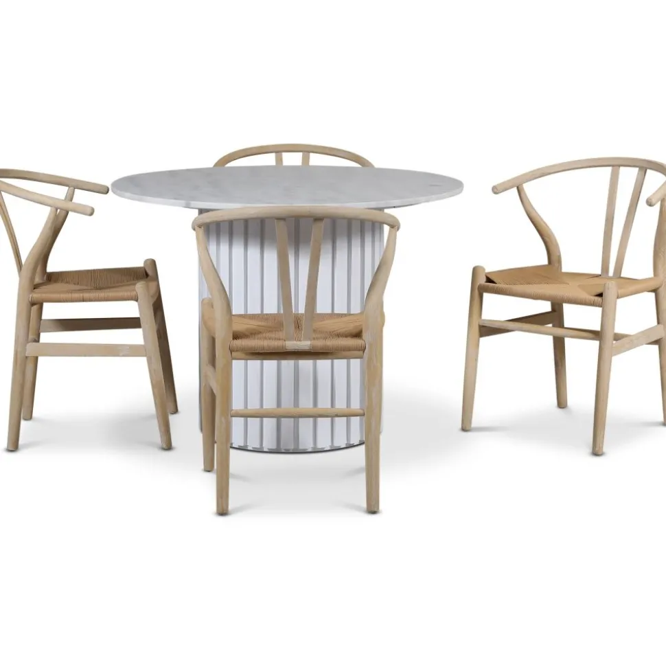 Empire matgrupp Ø105 cm inkl. 4 st Brandon matstolar whitewash - Ljus marmor / Vit lamell träfot + 3.00 x Möbeltassar