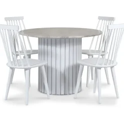 Empire matgrupp Ø105 cm inkl. 4 st Dalsland vita pinnstolar - Silver Diana marmor / Vit lamell träfot