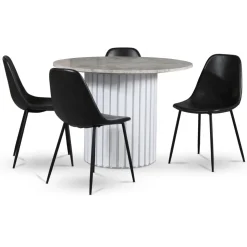 Empire matgrupp Ø105 cm inkl. 4 st Bjurträsk svarta stolar - Silver Diana marmor / Vit lamell träfot + 3.00 x Möbeltassar