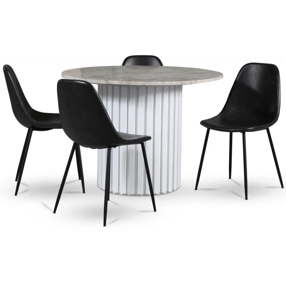 Empire matgrupp Ø105 cm inkl. 4 st Bjurträsk svarta stolar - Silver Diana marmor / Vit lamell träfot + 3.00 x Möbeltassar