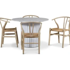 Empire matgrupp Ø105 cm inkl. 4 st Brandon matstolar whitewash - Ljus marmor / Vit lamell träfot