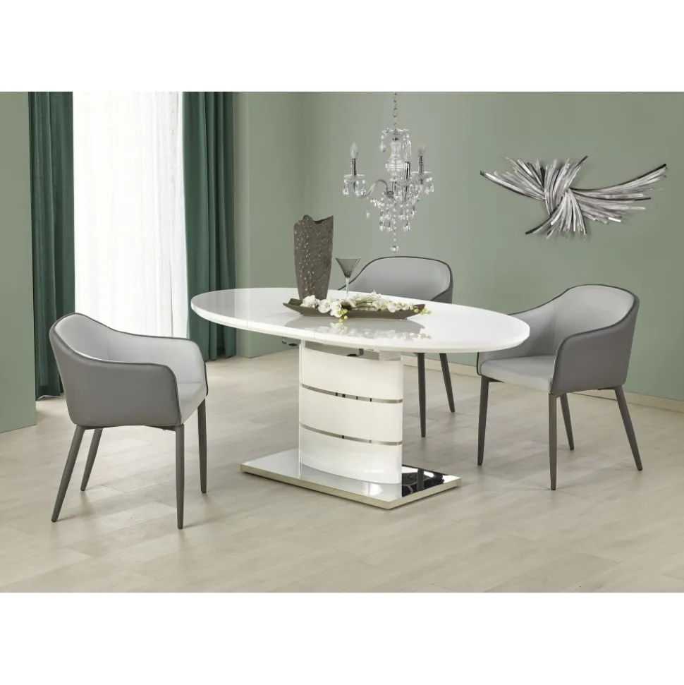 Evangeline ovalt förlängningsbart matbord i vit högglans / Krom