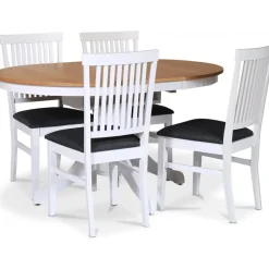 Fitchburg matgrupp; runt matbord 106 /141 cm - Vit / oljad ek med 4 st Fårö stolar med sits i grått tyg