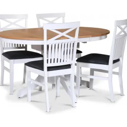 Fitchburg matgrupp; runt matbord 106 /141 cm - Vit / oljad ek med 4 st Skagen stolar med kryss i ryggen, sits i grått tyg + 4.00 x Stolsdyna