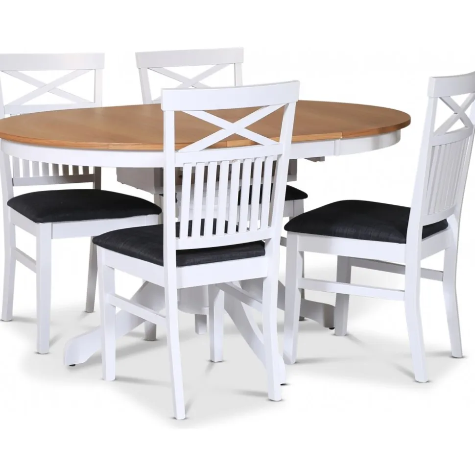 Fitchburg matgrupp; runt matbord 106 /141 cm - Vit / oljad ek med 4 st Skagen stolar med kryss i ryggen, sits i grått tyg + 4.00 x Stolsdyna