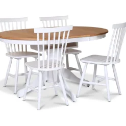 Fitchburg matgrupp; runt matbord 106 /141 cm - Vit / oljad ek med 4 st vita Karl Pinnstolar + 4.00 x Stolsdyna