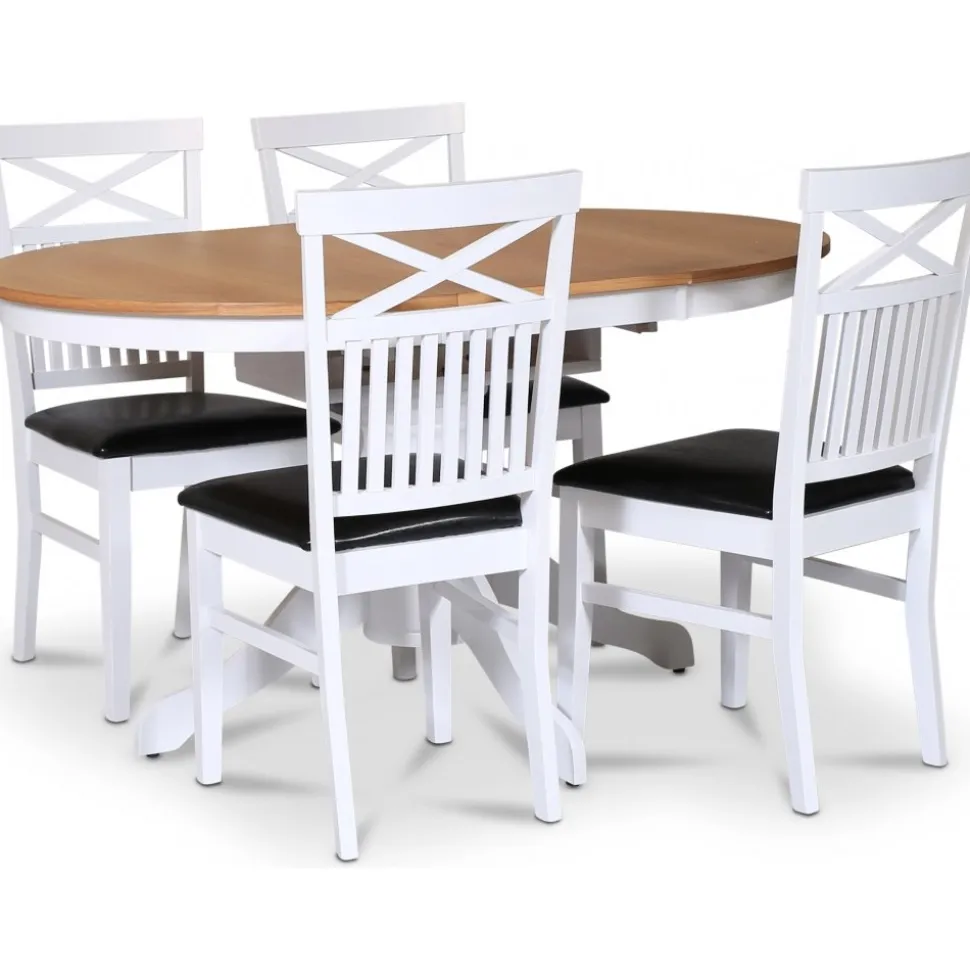 Fitchburg matgrupp; runt matbord 106 /141 cm - Vit / oljad ek med 4 st Fårö stolar med kryss i ryggen, sits i svart PU + 3.00 x Möbeltassar