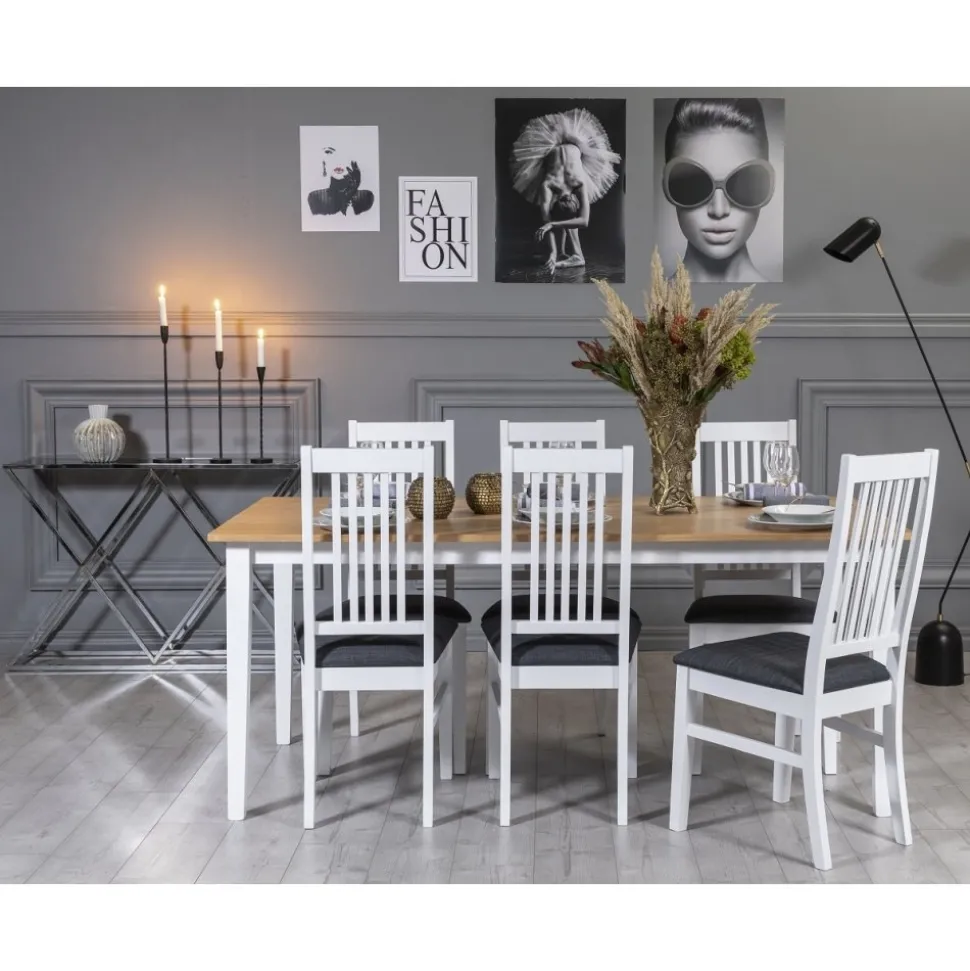 Fårö matgrupp: Bord 180 cm inklusive 6 Gåsö stolar - Vit/Ek + 4.00 x Möbeltassar