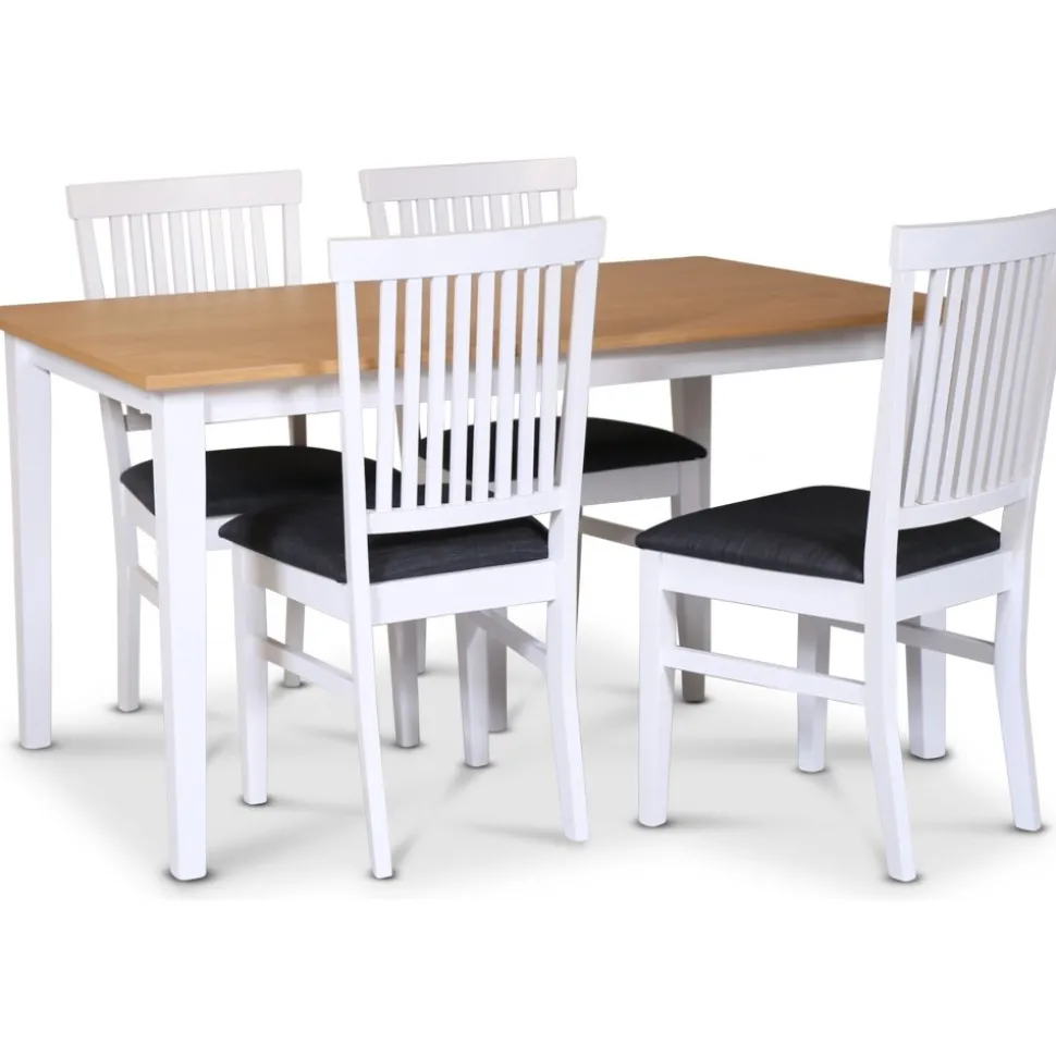 Fårö matgrupp; matbord 140x90 cm - Vit / oljad ek med 4 st Fårö matstolar med ribbor i ryggen, sits i grått tyg + 3.00 x Möbeltassar