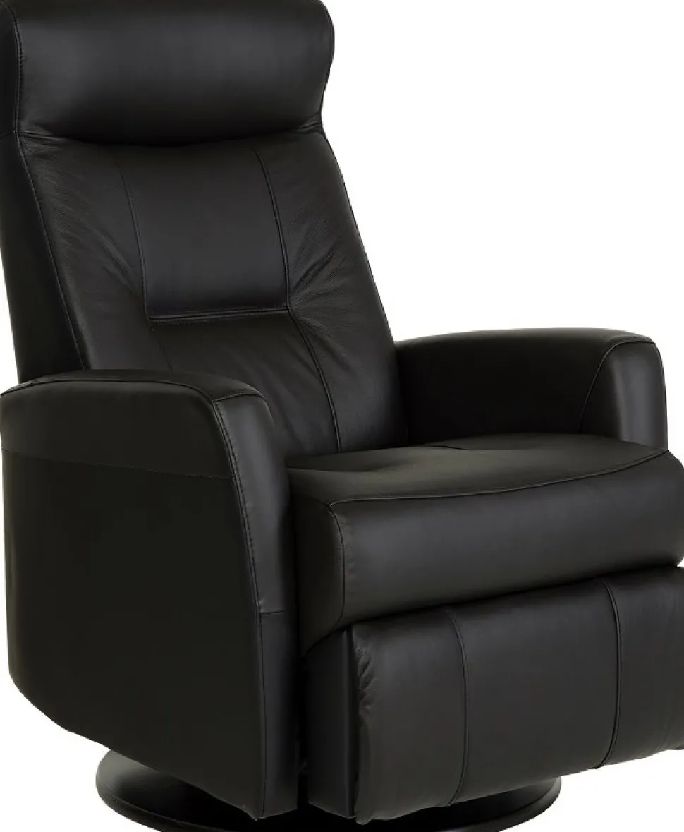 Frans reclinerfåtölj i svart skinn med gung och snurrfunktion