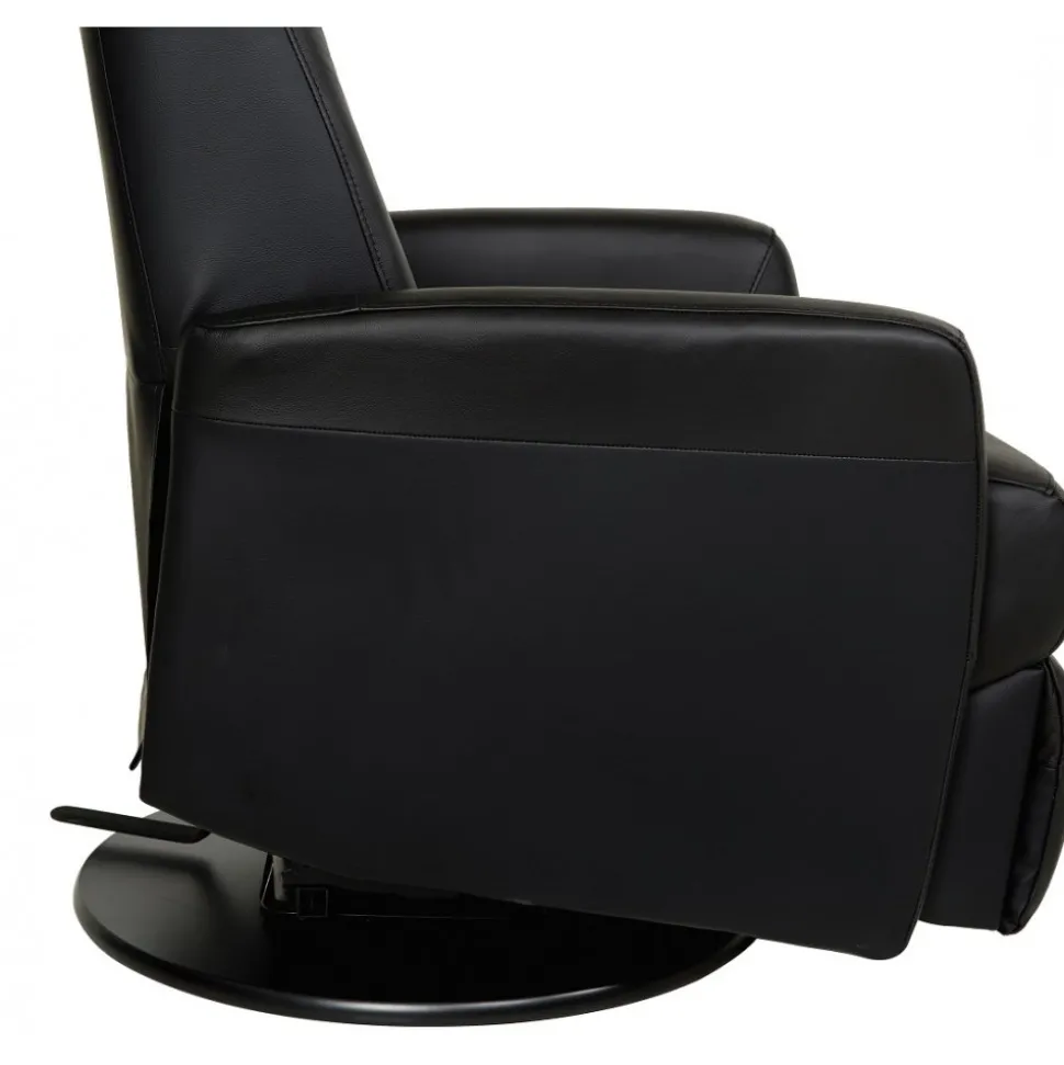 Frans reclinerfåtölj i svart skinn med gung och snurrfunktion