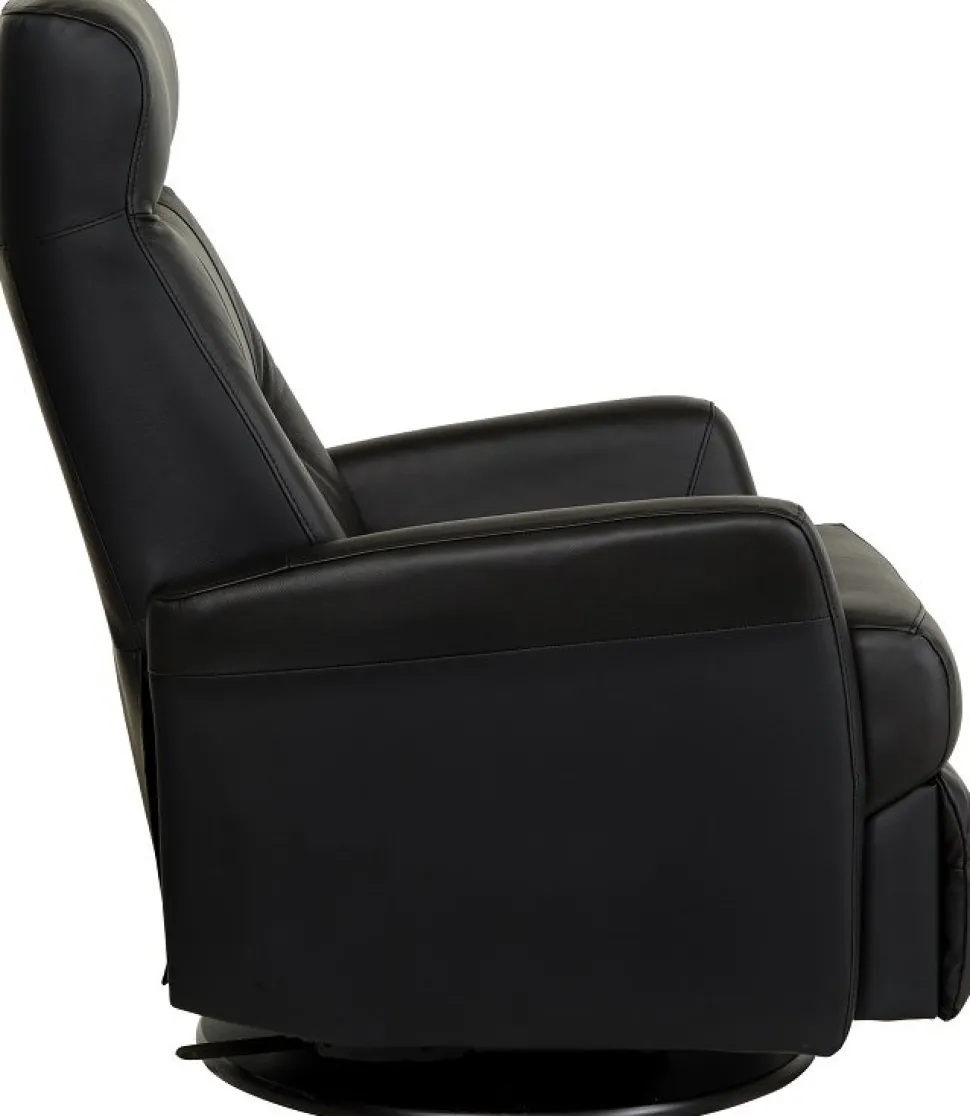 Frans reclinerfåtölj i svart skinn med gung och snurrfunktion