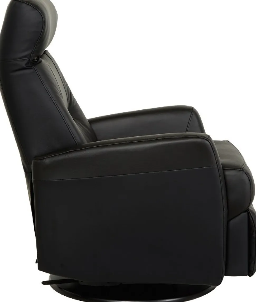 Frans reclinerfåtölj i svart skinn med gung och snurrfunktion