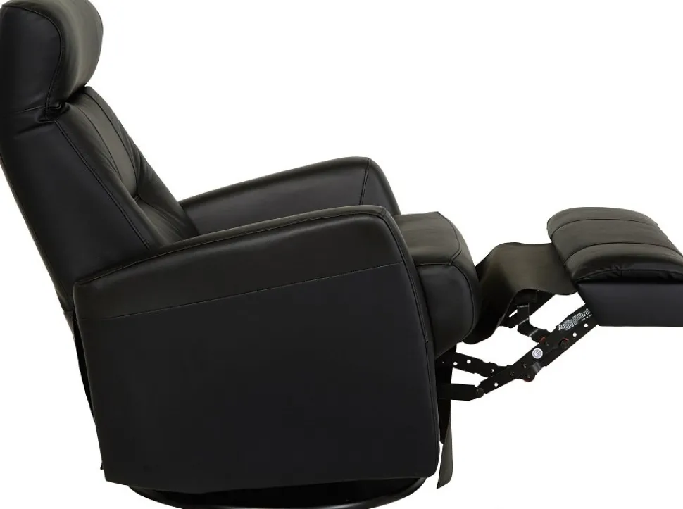 Frans reclinerfåtölj i svart skinn med gung och snurrfunktion