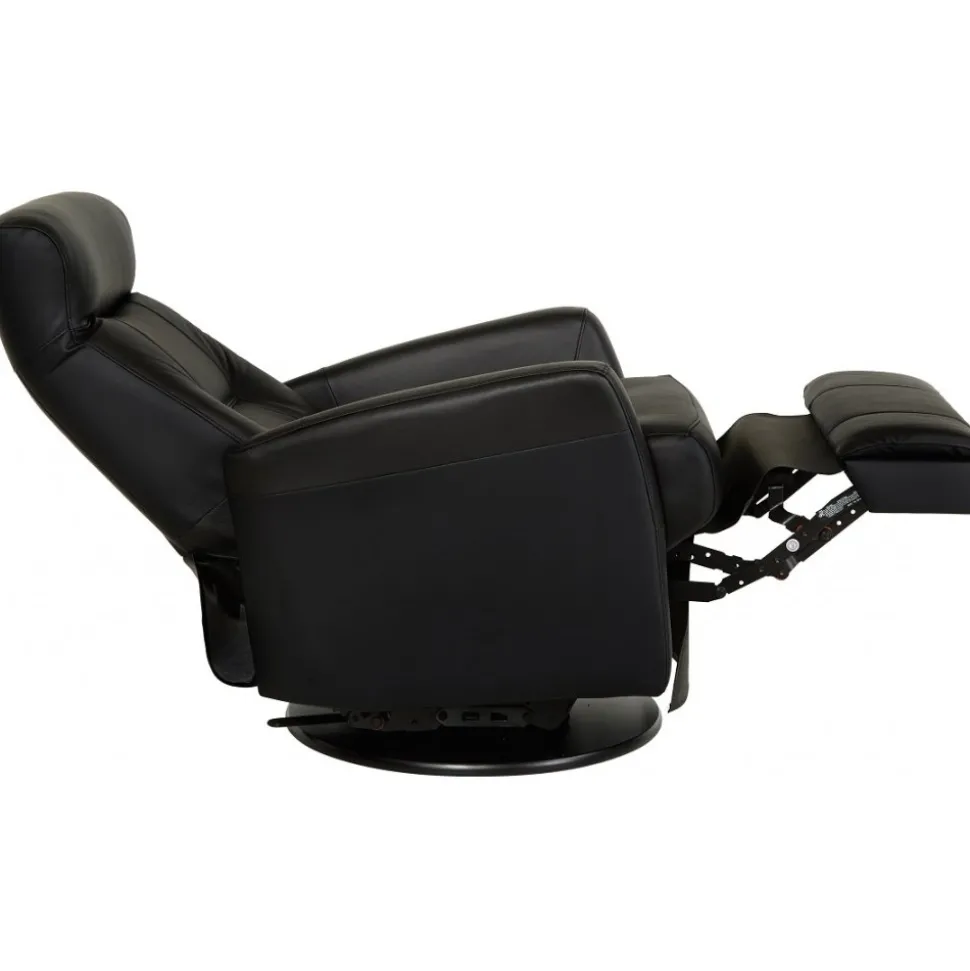 Frans reclinerfåtölj i svart skinn med gung och snurrfunktion