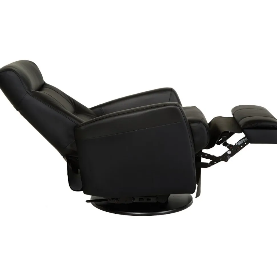 Frans reclinerfåtölj i svart skinn med gung och snurrfunktion