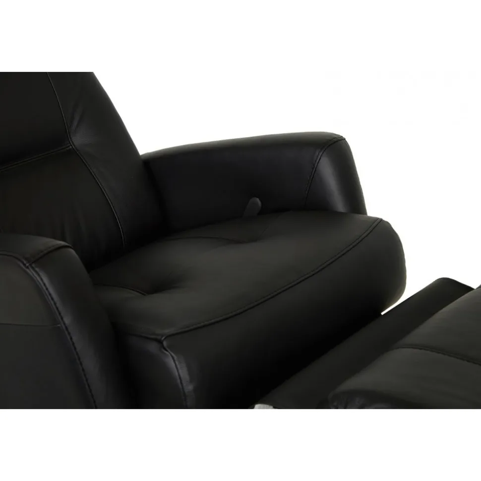 Frans reclinerfåtölj i svart skinn med gung och snurrfunktion